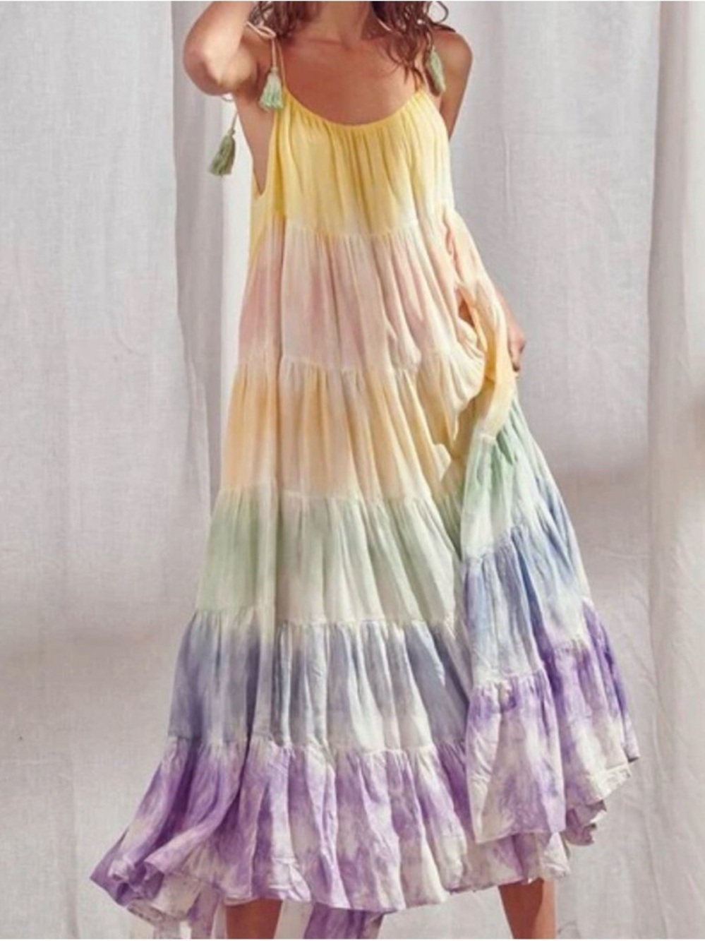 Storia Pastel Tie Dye Maxi Dress Tiered Boho Resort Medium NWT
